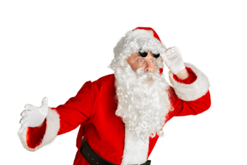 Giant sales. Emotional bearded man, Santa Claus looking with excitement and shock isolated on transparent background. Concept of winter holidays, Christmas and New Year, celebration, merry time