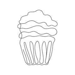 Continuous one line drawing of cupcake. Simple line art of muffin with wavy frosting. Vector Illustration in one line style. Design element for card, print, poster, textile, coloring book, branding