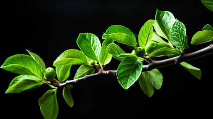 Three green granny smith apples hang on branch with green leaves isolated on black background.