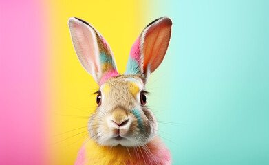 Fototapeta premium Creative animal concept, macro shot of cute bunny head over pastel background. 