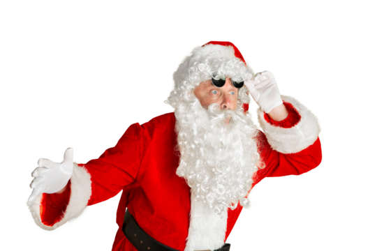 Giant sales. Emotional bearded man, Santa Claus looking with excitement and shock isolated on transparent background. Concept of winter holidays, Christmas and New Year, celebration, merry time