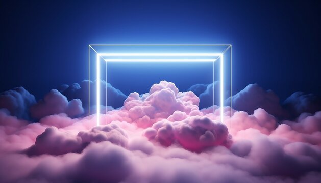 3d render, abstract minimal background, pink blue neon light square frame with copy space, illuminated stormy clouds