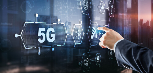 5G Network Wireless Internet concept. Man touching 3D icon 5G - obrazy, fototapety, plakaty