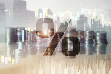 Percentage icon on financial stock market background. Double exposure of stack of coins and city
