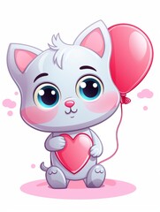 Cartoon sticker cute kitten with pink balloon, AI