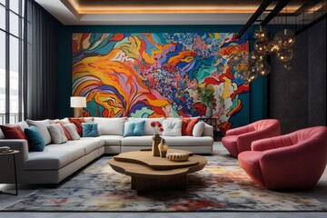 A chic living room with a 3D intricate, colorful pattern that creates a stunning backdrop for the contemporary furniture,