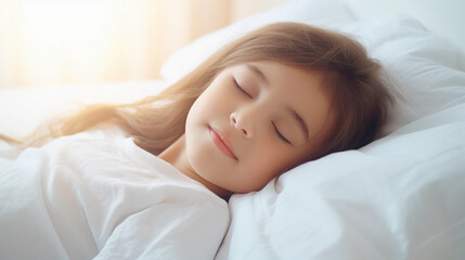 Fototapeta na wymiar Portrait of Little girl sleeping on bed, comfortable cozy white bed sheets, morning sun light coming from window