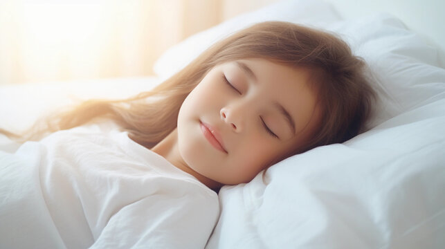 Portrait of Little girl sleeping on bed, comfortable cozy white bed sheets, morning sun light coming from window