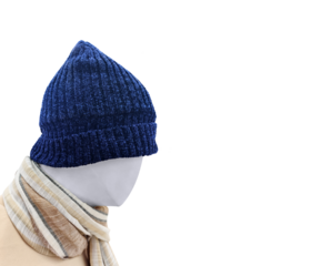 The model is wearing a blue fur hat and winter clothes PNG transparent