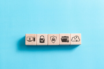 Cybersecurity concept. wooden block with security icon for protecting cyber privacy information. secure internet access technology, security encryption of user private data.