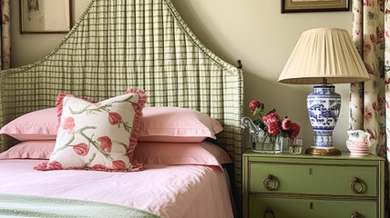 English cottage bedroom interior with pink and sage green decor