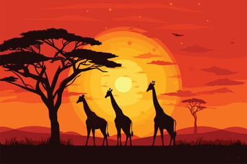 Fototapeta na wymiar African sunset landscape with safari animals silhouettes, Silhouettes of wild African giraffes at sunset, Animals in forest, Vector illustration