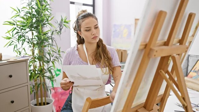 Inquisitive young hispanic woman artist, beautifully absorbed in her art, sitting in a studio, apron-clad, paintbrush in hand, pensively looking at her drawing.