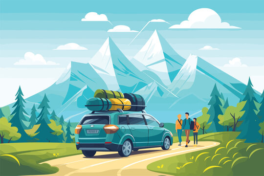 Family car trip in countryside, hills, mountains, holiday vacation, travel, vector illustration	
