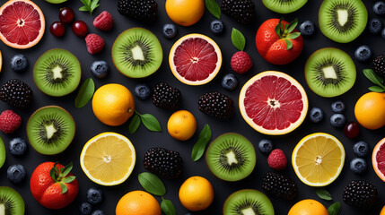 Fresh fruits. Pattern of fruits and berries on a black background. Flat design. 
