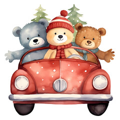 Cute Teddy Bears Riding Red Car Christmas Watercolor Clipart Illustration
