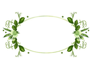 Obraz premium Frame, postcard made of green pea twigs, flowers, curls and green pods on a white background. Watercolor illustration. Template for postcards, frames, invitations, greetings. food, wedding