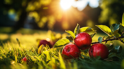 Apples on Grass with an apple tree in the background