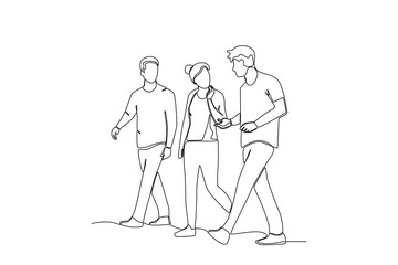 Fototapeta na wymiar Single continuous line drawing of A group of people are joking on the street. outdoor crowd concept, vector illustration of male and female crowd 