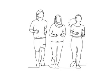 Single continuous line drawing of a group of people jogging. outdoor crowd concept, vector illustration of male and female crowd
