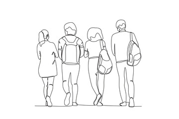 Fototapeta na wymiar Single continuous line drawing of a group of student coming home from school. outdoor crowd concept, vector illustration of male and female crowd 