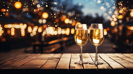 champagne glasses on table with bokeh background - obrazy, fototapety, plakaty