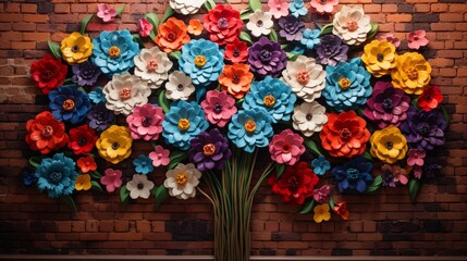 Obraz na płótnie Canvas Wall flowers bursting with vivid hues, sprinkled whimsically against a rustic brick wall.
