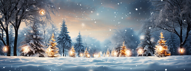 Snow covered winter forest under stormy snowfall and dark sky, seasonal 3D illustration and copy...