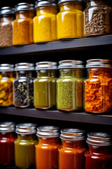 Rows of glass jars full of various spices. Kitchen shelves with a variety of condiments for gourmet cooking. AI-generated