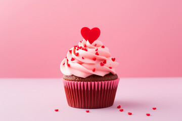 Chocolate muffin (cake) decorated with cream and a red  heart for Valentine's Day on a pink background - Powered by Adobe