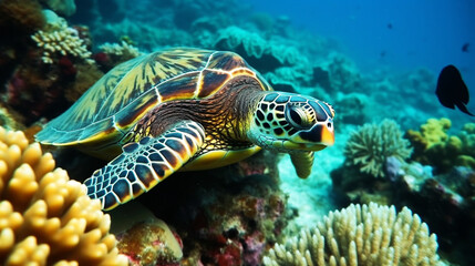 Naklejka premium Underwater Scene With Coral Reef And Exotic Fishes