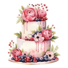 Wedding cake with flowers, leaves and berries. Watercolor illustration.