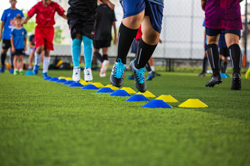 Soccer ball tactics on grass field with cone  for training children running