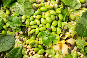 Super green salad with spinach, broccoli, apples, cucumber and edamame beans served with avocado, apple cider vinegar and olive oil dressing, pine nuts and pumpkin seeds