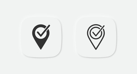 Check mark pin icon. Location geo point symbol. Correct local signs. Right marker symbols. Mission complete icons. Vector isolated sign.