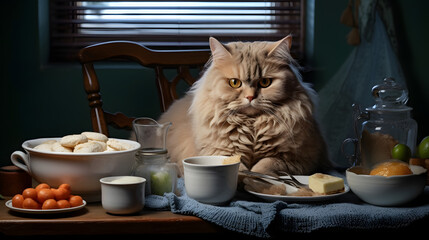 A cat with a big belly sitting in front of a plate with food table
