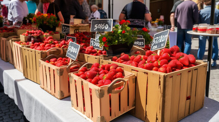 : ripe strawberries arranged on thin wooden box, showcased at a vibrant street food market, capturing the essence of summer and providing a tempting treat. - obrazy, fototapety, plakaty