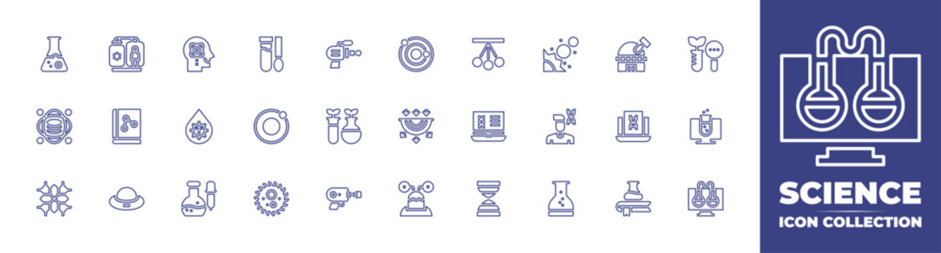 Science line icon collection. Editable stroke. Vector illustration. Containing science, data science, cytochrome, cryonics, book, ufo, capability, blood, laboratory, test tube, planets, man, flask.