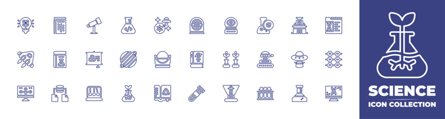 Science line icon collection. Editable stroke. Vector illustration. Containing light, spaceship, bioinformatics, science book, science fiction, data science, telescope, theory, pendulum, research.