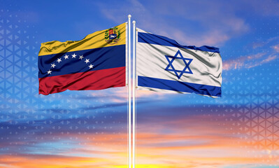 Venezuela and Israel two flags on flagpoles and blue sky