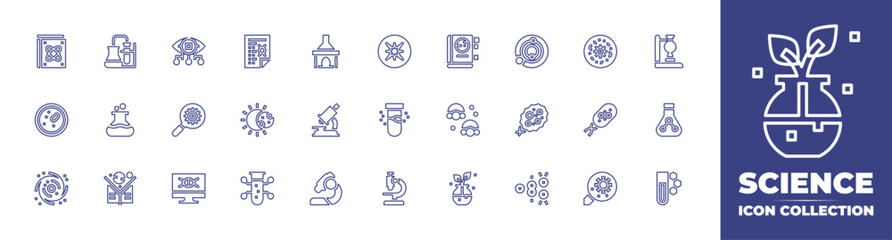 Science line icon collection. Editable stroke. Vector illustration. Containing mixing, flask, book, science, microscope, supernova, test tube, eye, bacteria, dna, biotechnology, eclipse, microorganism