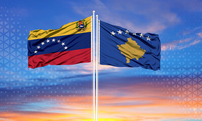 Venezuela and Kosovo two flags on flagpoles and blue sky