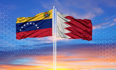 Bahrain and Venezuela two flags on flagpoles and blue sky