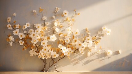 Wall flowers in full bloom, casting subtle shadows on a sunlit neutral wall.