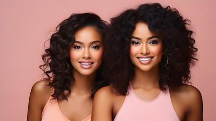Obraz premium Beautiful woman with an afro hairstyle on peach studio background