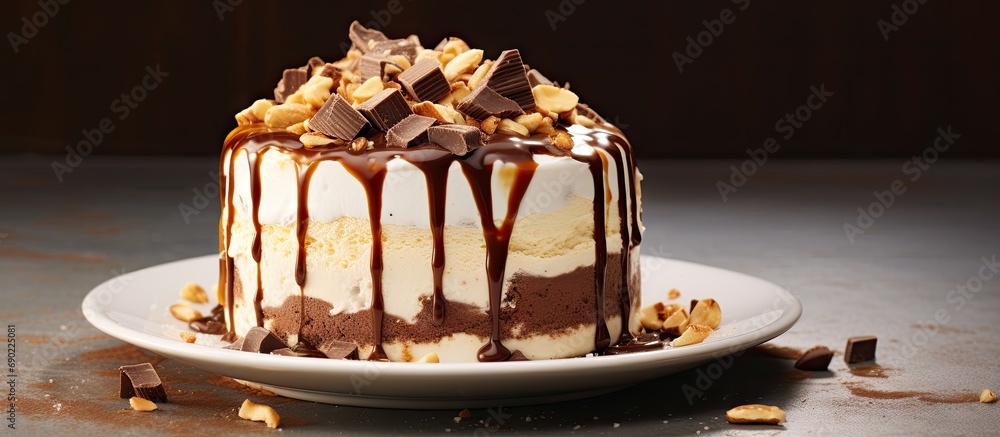 Poster Ice cream cake with marshmallows and peanuts topped with chocolate syrup. Website header. Creative Banner. Copyspace image