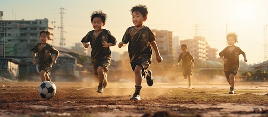 group of Asian children playing soccer in the morning. Website header. Creative Banner. Copyspace...