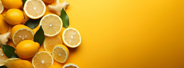 Lemons on yellow background with ginger, great for vibrant culinary compositions - obrazy, fototapety, plakaty