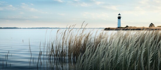 Newport nature reserve with lighthouse just peeping over the reeds Clouds and blue sky reflecting in the calm water. Website header. Creative Banner. Copyspace image - obrazy, fototapety, plakaty