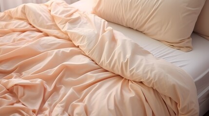 Elegant satin sheets in soft light, luxury and sophistication in the bedroom, peach fuzz color tones